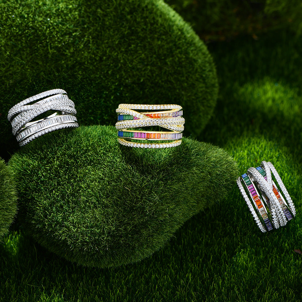 Multi Layers Band Criss Cross Colorful Cubic Zirconia 925 Sterling Silver Ring