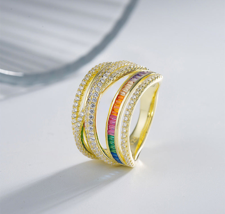 Multi Layers Band Criss Cross Colorful Cubic Zirconia 925 Sterling Silver Ring