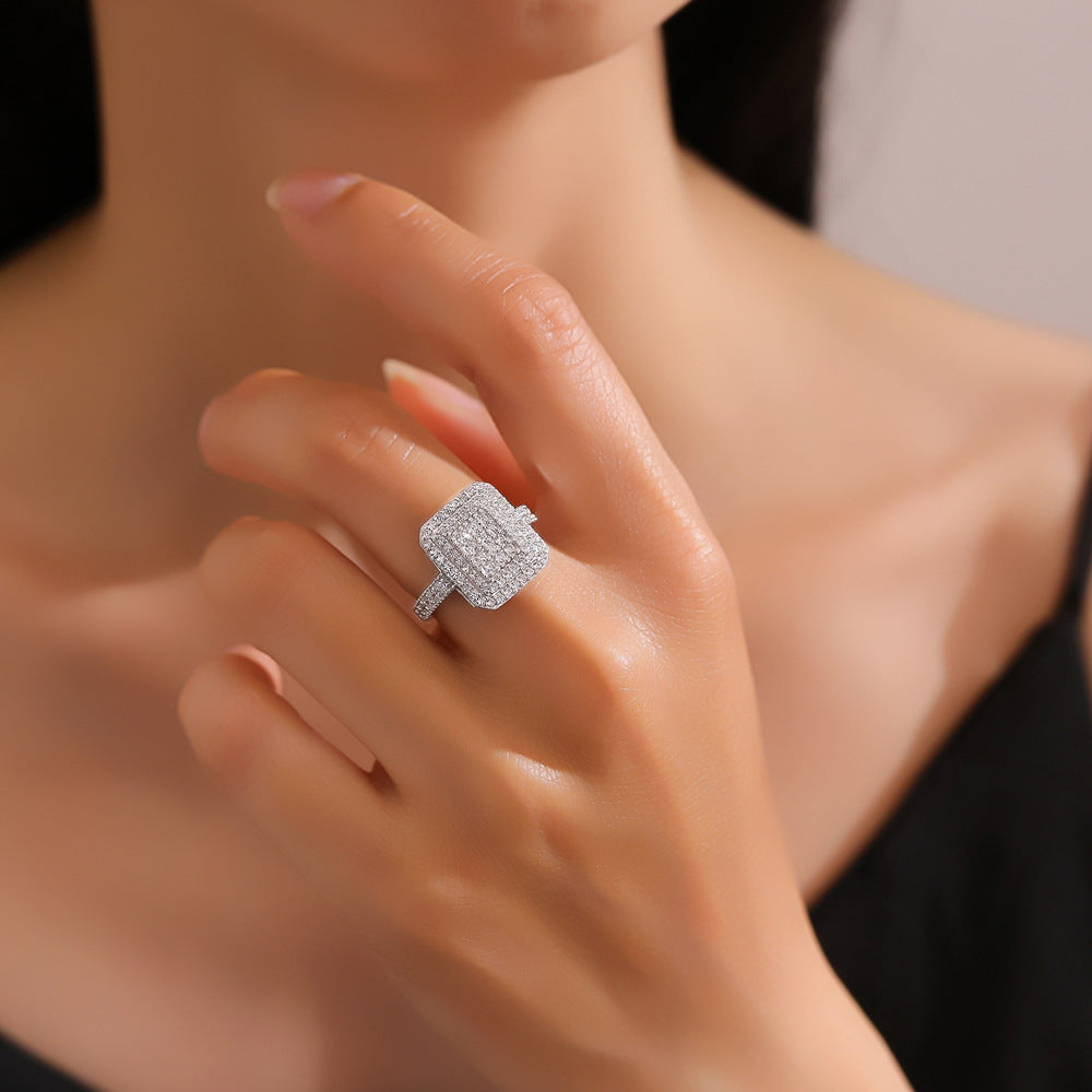 S925 Sterling Silver Rectangular Full Diamond Micro-Pavé Zirconia Ring