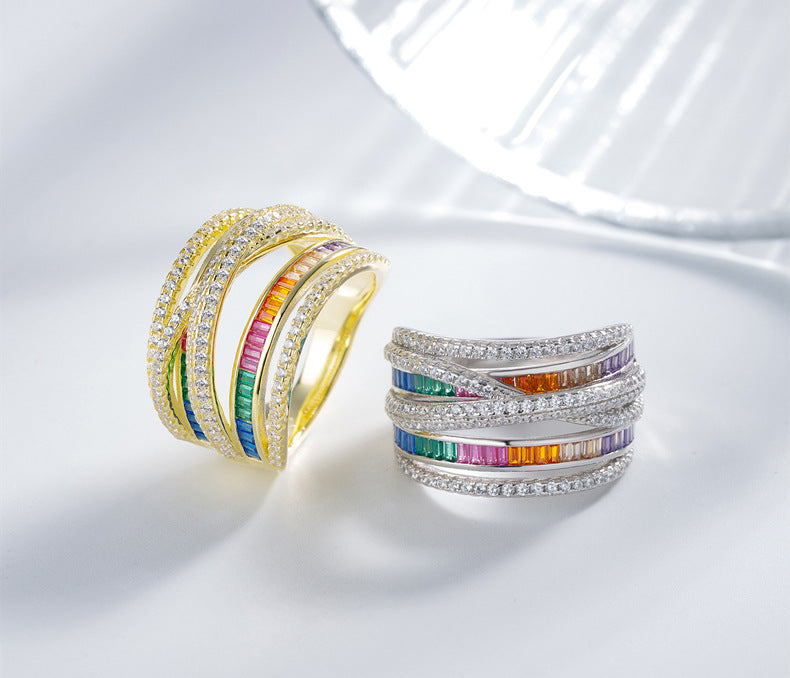 Multi Layers Band Criss Cross Colorful Cubic Zirconia 925 Sterling Silver Ring