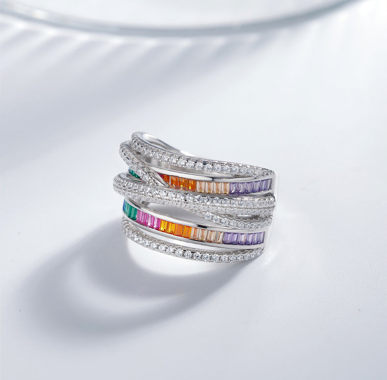 Multi Layers Band Criss Cross Colorful Cubic Zirconia 925 Sterling Silver Ring