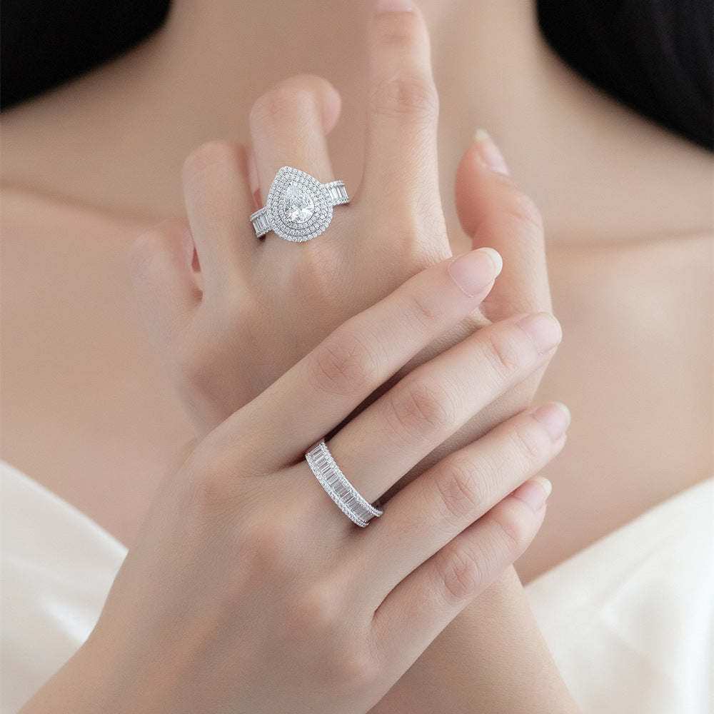 Micro-Pavé Diamond Teardrop Couple's Rings S925 Sterling Silver Fashion Ring Set for Women