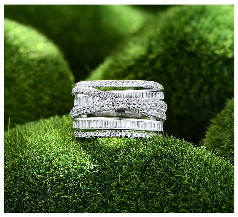 Multi Layers Band Criss Cross Colorful Cubic Zirconia 925 Sterling Silver Ring