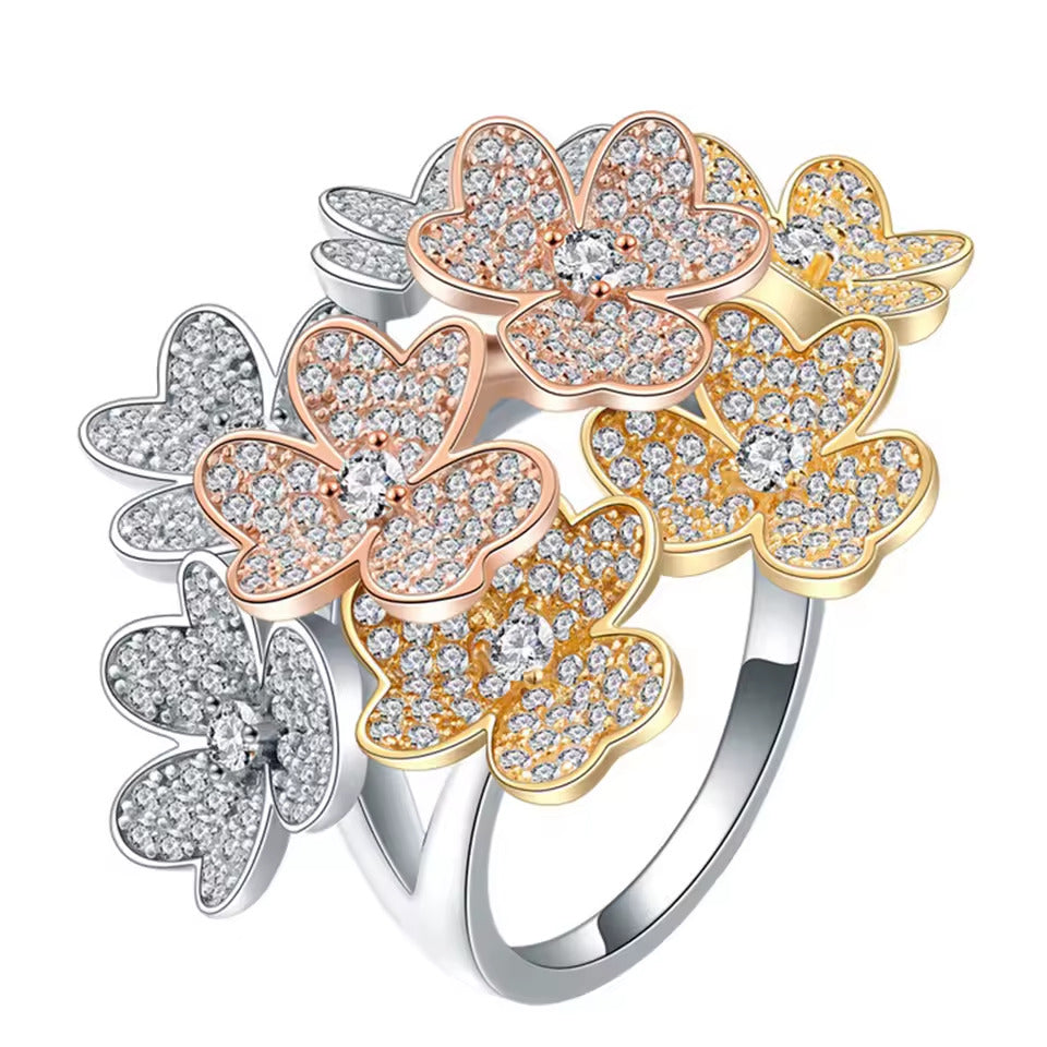 Luxurious and Extravagant 925 Sterling Silver Floral Ring with High-Carat Diamond and Gemstone, 18K Gold-Plated