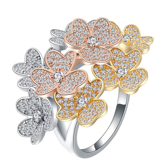 Luxurious and Extravagant 925 Sterling Silver Floral Ring with High-Carat Diamond and Gemstone, 18K Gold-Plated