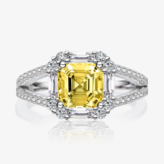 Square Beveled Asche 7x7 Yellow Diamond Ring for Women Sterling Silver 925 Gemstone Ring