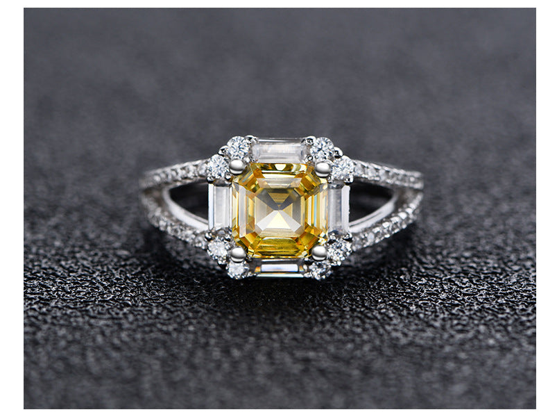 Square Beveled Asche 7x7 Yellow Diamond Ring for Women Sterling Silver 925 Gemstone Ring