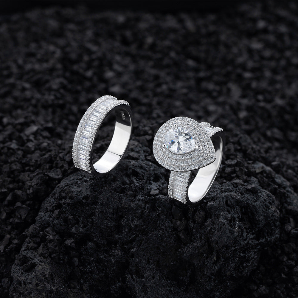 Micro-Pavé Diamond Teardrop Couple's Rings S925 Sterling Silver Fashion Ring Set for Women