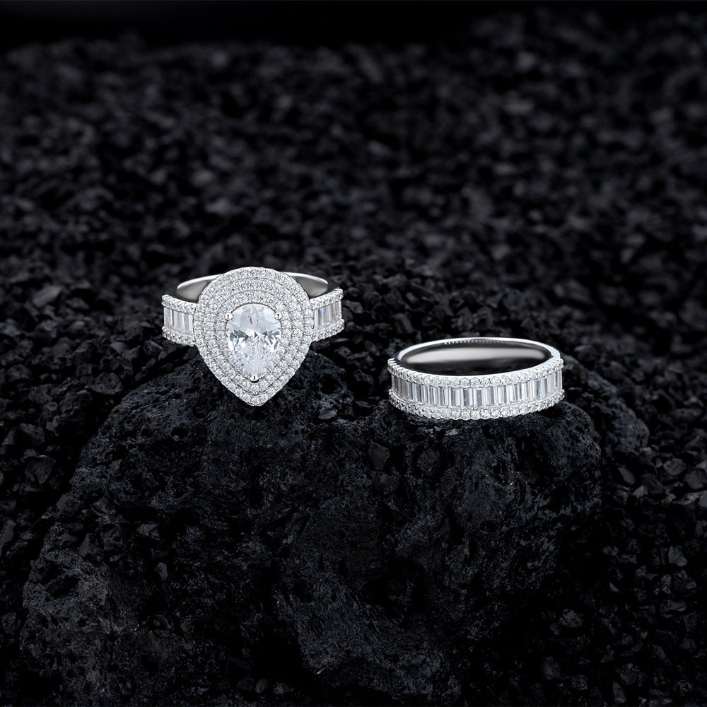 Micro-Pavé Diamond Teardrop Couple's Rings S925 Sterling Silver Fashion Ring Set for Women
