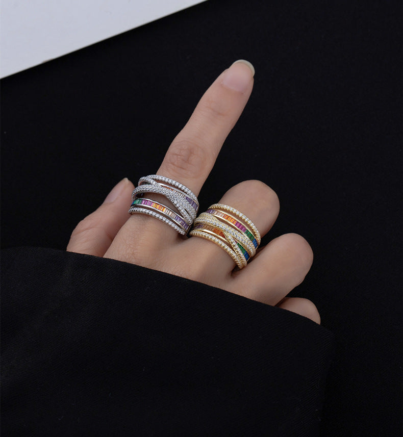 Multi Layers Band Criss Cross Colorful Cubic Zirconia 925 Sterling Silver Ring
