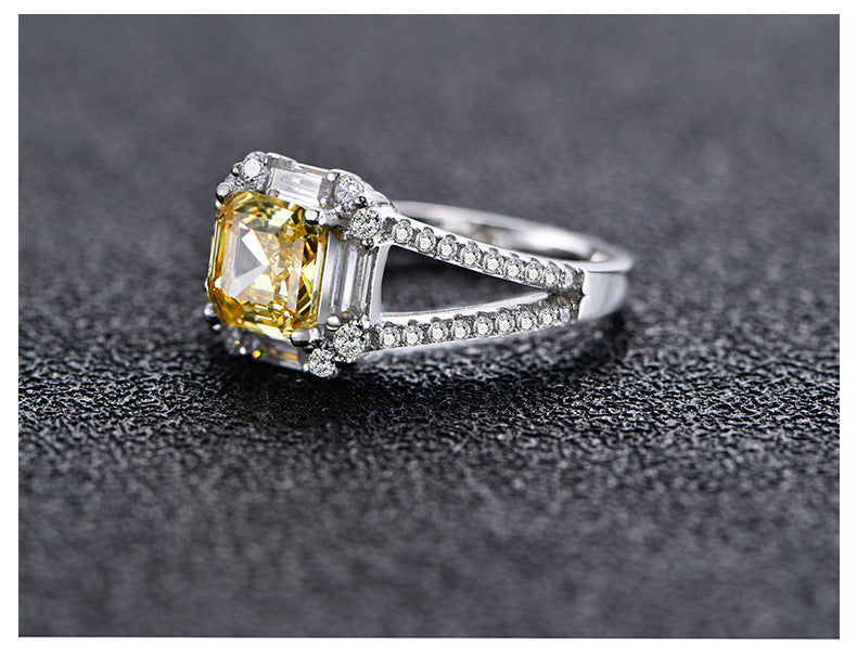 Square Beveled Asche 7x7 Yellow Diamond Ring for Women Sterling Silver 925 Gemstone Ring