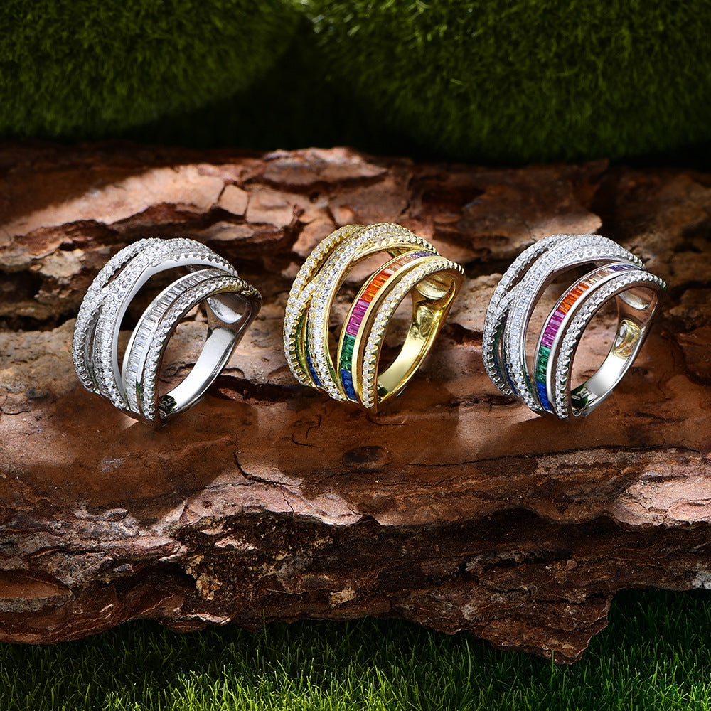 Multi Layers Band Criss Cross Colorful Cubic Zirconia 925 Sterling Silver Ring