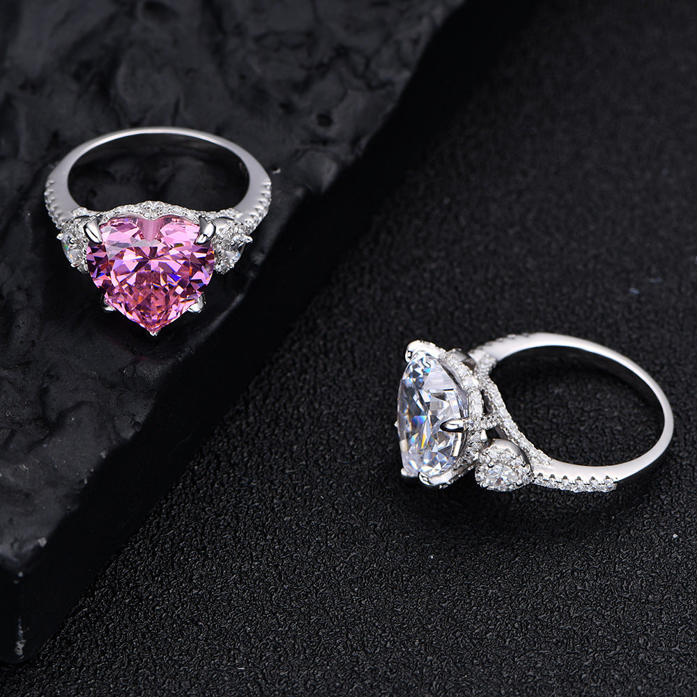 Heart-Shaped 12x12mm Pink Diamond 925 Sterling Silver High-Carat Diamond Ring