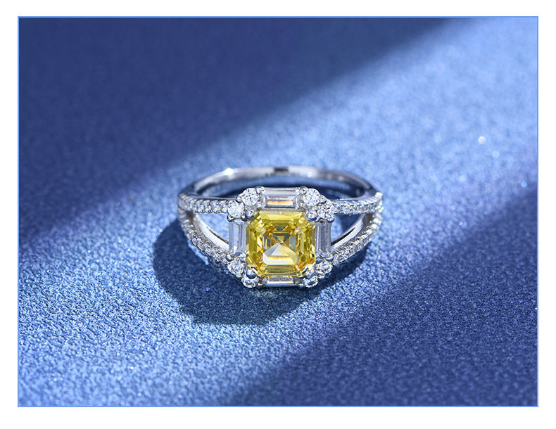 Square Beveled Asche 7x7 Yellow Diamond Ring for Women Sterling Silver 925 Gemstone Ring