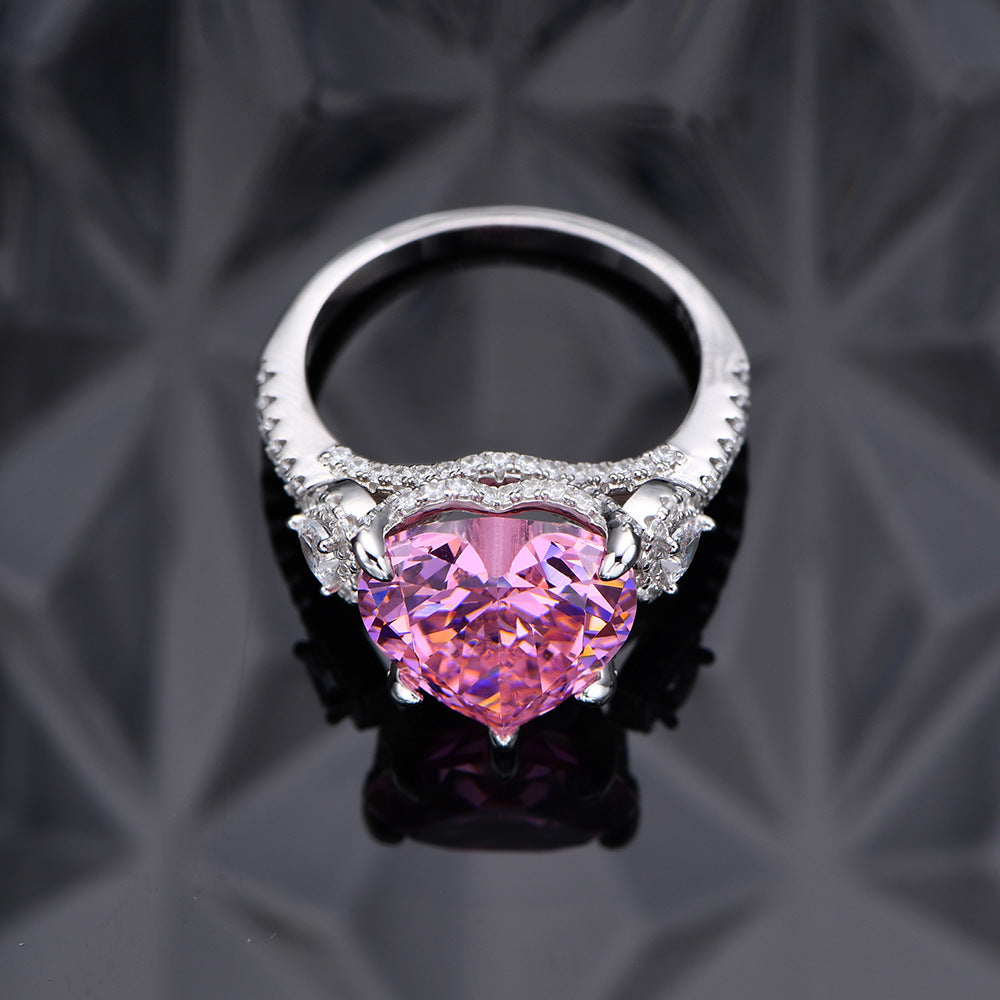 Heart-Shaped 12x12mm Pink Diamond 925 Sterling Silver High-Carat Diamond Ring