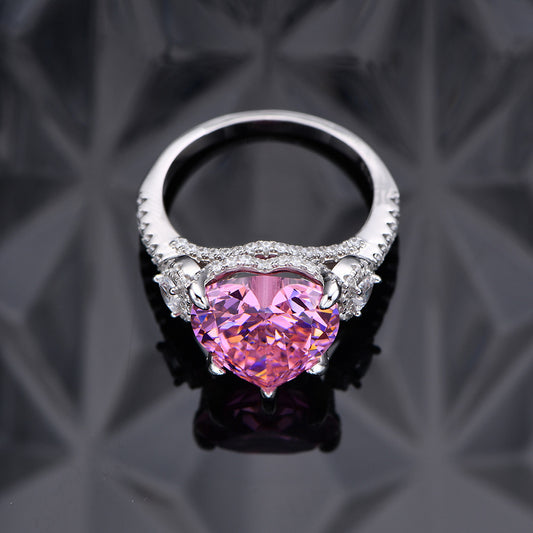 Heart-Shaped 12x12mm Pink Diamond 925 Sterling Silver High-Carat Diamond Ring