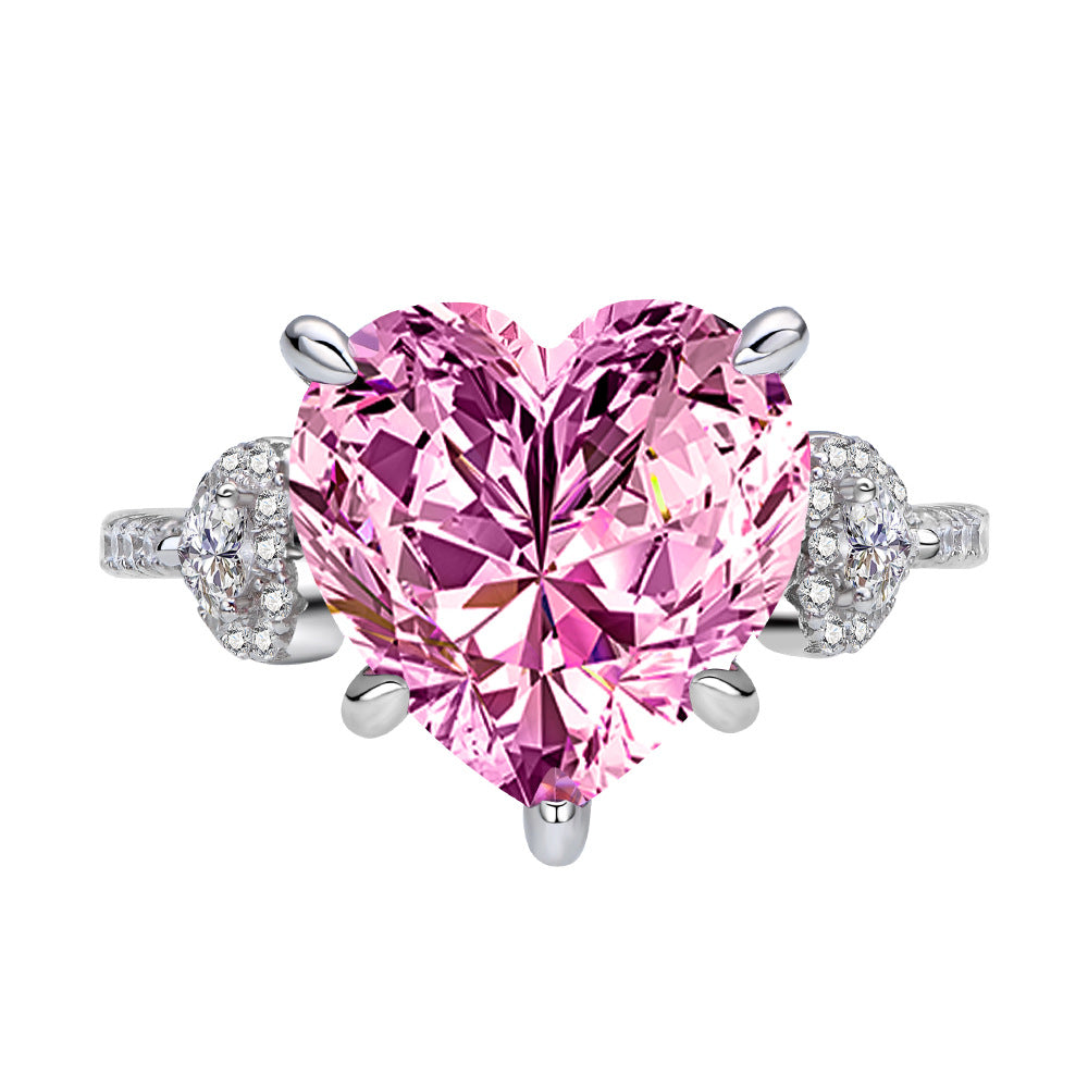 Heart-Shaped 12x12mm Pink Diamond 925 Sterling Silver High-Carat Diamond Ring