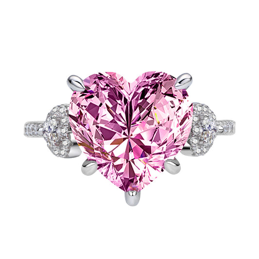 Heart-Shaped 12x12mm Pink Diamond 925 Sterling Silver High-Carat Diamond Ring