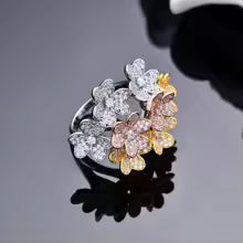 Luxurious and Extravagant 925 Sterling Silver Floral Ring with High-Carat Diamond and Gemstone, 18K Gold-Plated