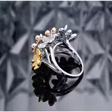 Luxurious and Extravagant 925 Sterling Silver Floral Ring with High-Carat Diamond and Gemstone, 18K Gold-Plated